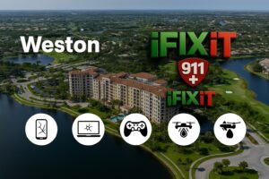 Aerial drone view of Weston, Florida with palm-lined streets, lakes, and modern neighborhoods, featuring the iFixIt911 logo and subtle visuals of phones, laptops, and drones to represent professional repair services for electronics, computers, and mobile devices in Weston, FL.